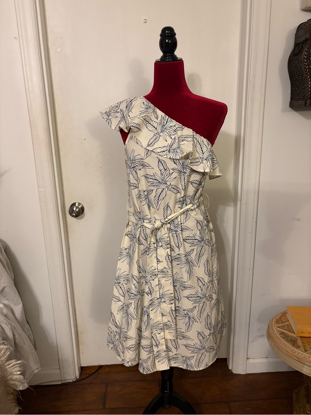 Banana Republic Cream One-Shoulder Ruffle Dress with Blue Leaf Print